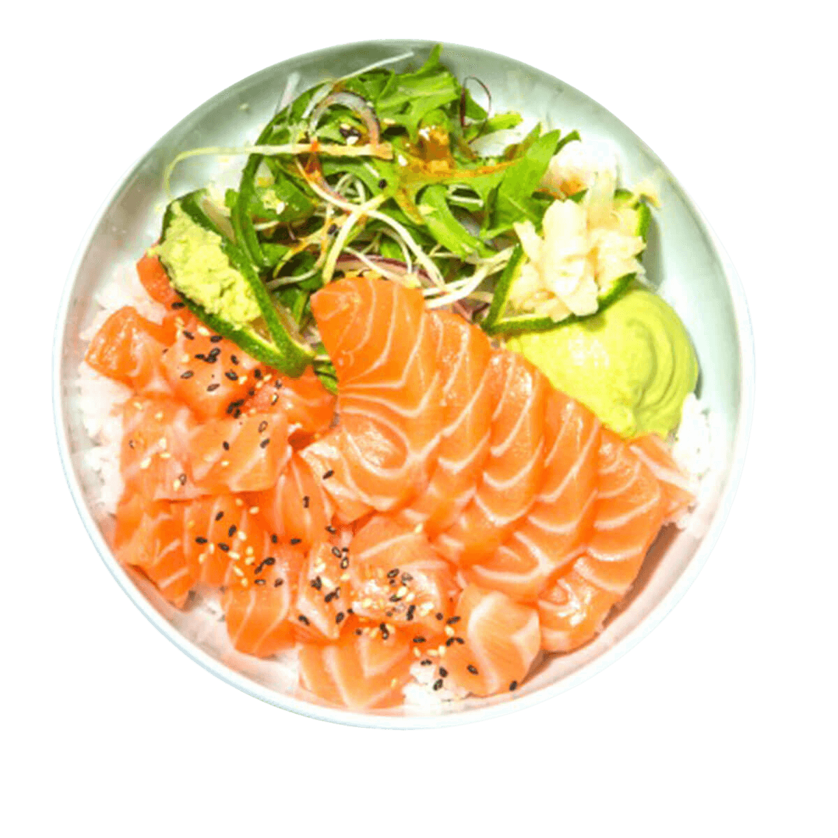 Salmão Gomá – Taça de arroz com salmão fresco, abacate, molho de sésamo, mistura tsuma, sweet chilli e sementes de sésamo.