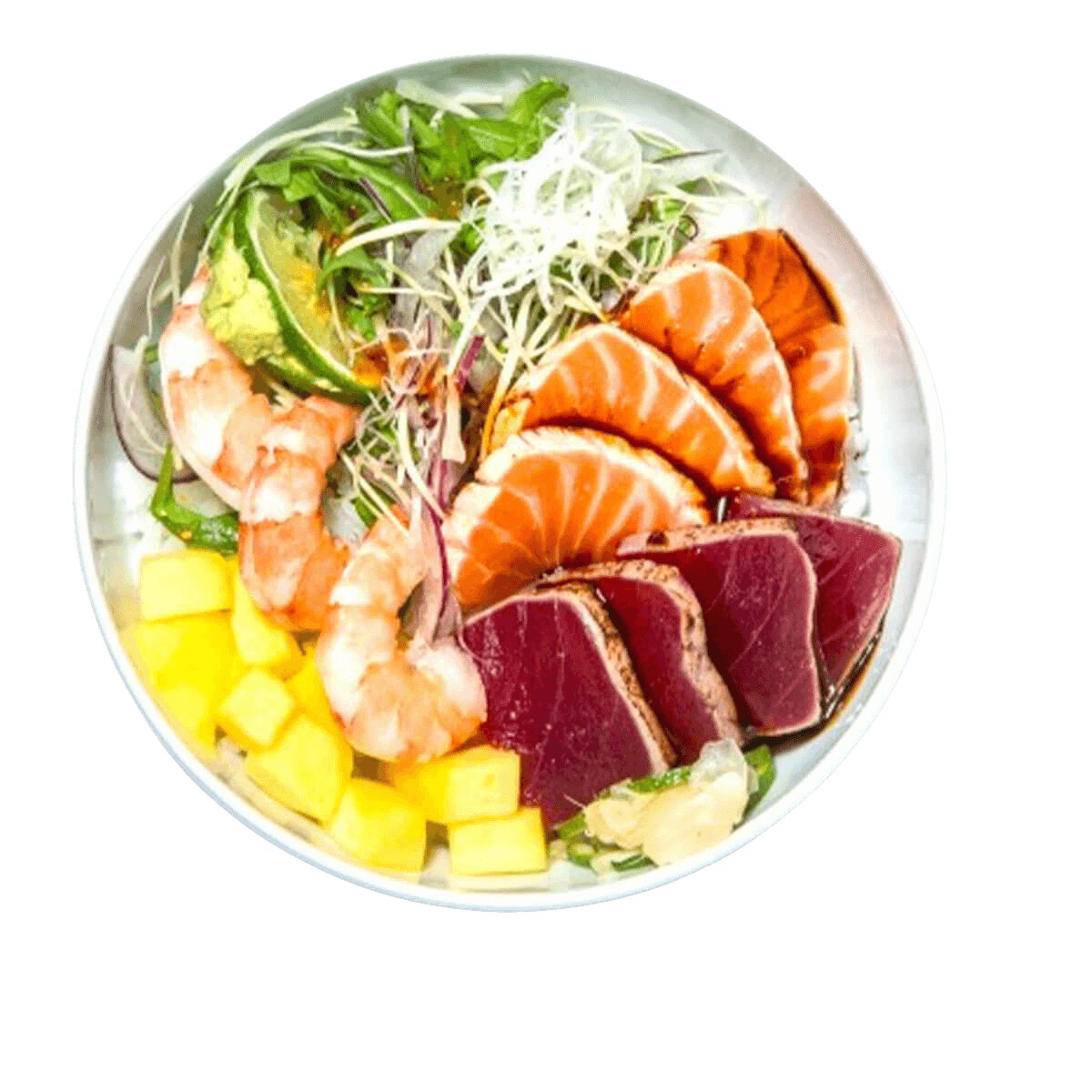 Tataki – Taça com salmão, atum e camarão em tataki, molho teriyaki e ceviche, manga, alho-francês, sweet chilli e mistura de legumes tsuma.