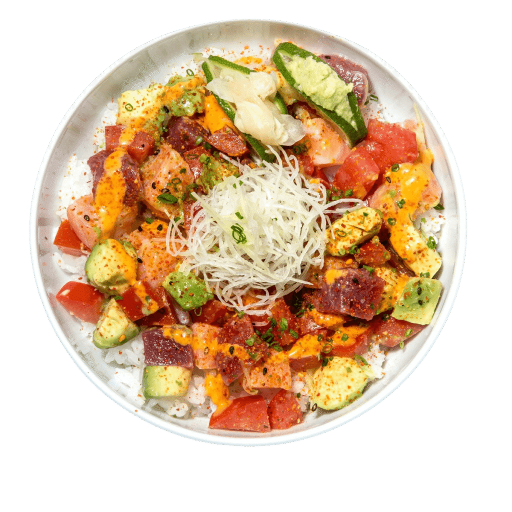 Chirashi Tayo ceviche com salmão, atum, abacate, maçã, gengibre, kimchi hon e molho ceviche no Restaurante Chirashi