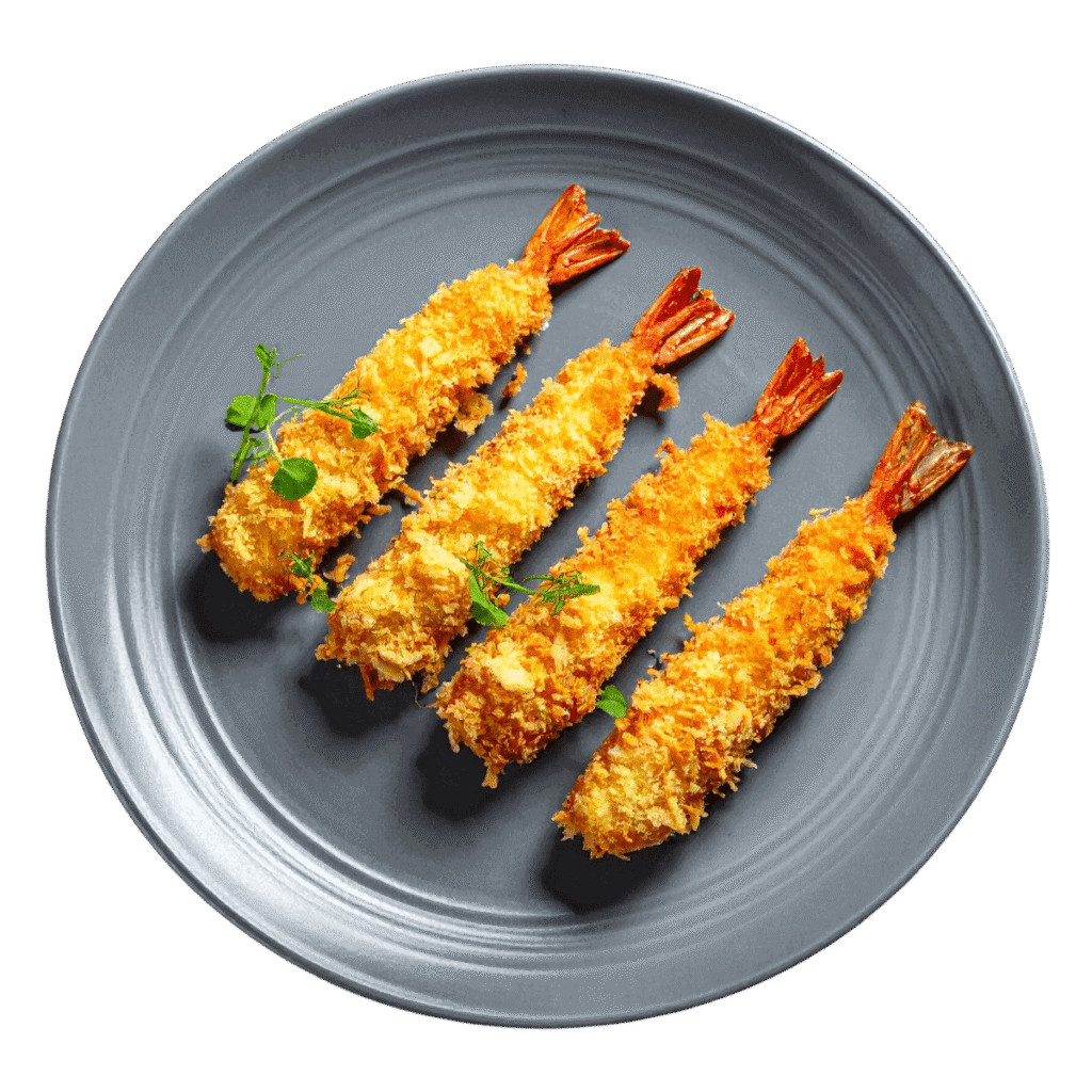 Small Dishes Chirashi PNG Camaroes em tempura crocante servidos em prato de ceramica